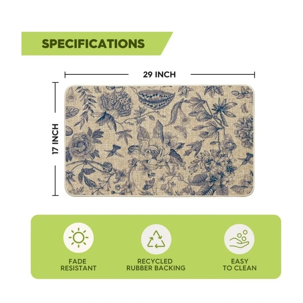 Fade Resistant Floral Rectangle Door Mat 17x29 Beige/Blue Recycled Rubber